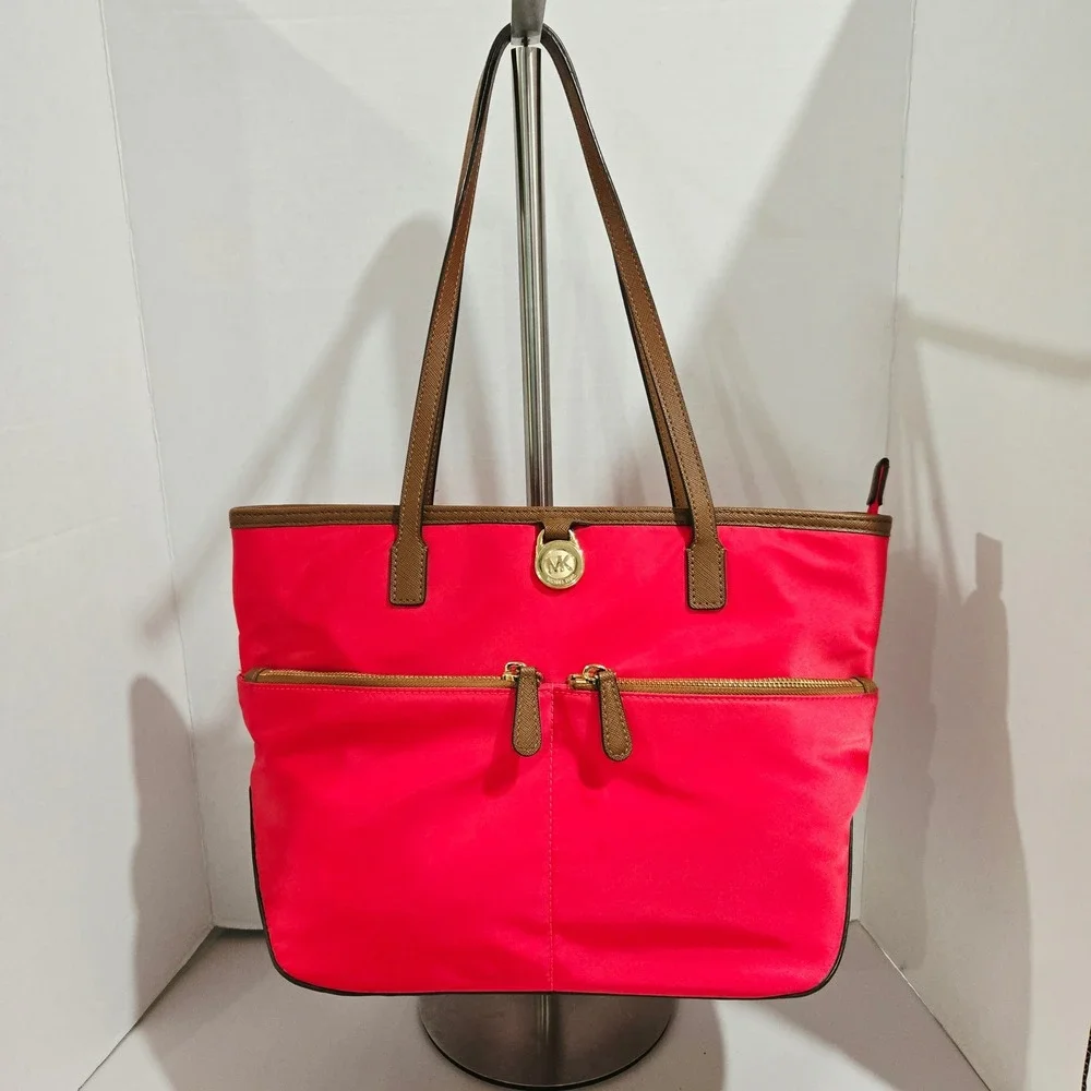 Michael Kors Polly Tote Bag Watermelon Coral Red Nylon Tan Leather Trim